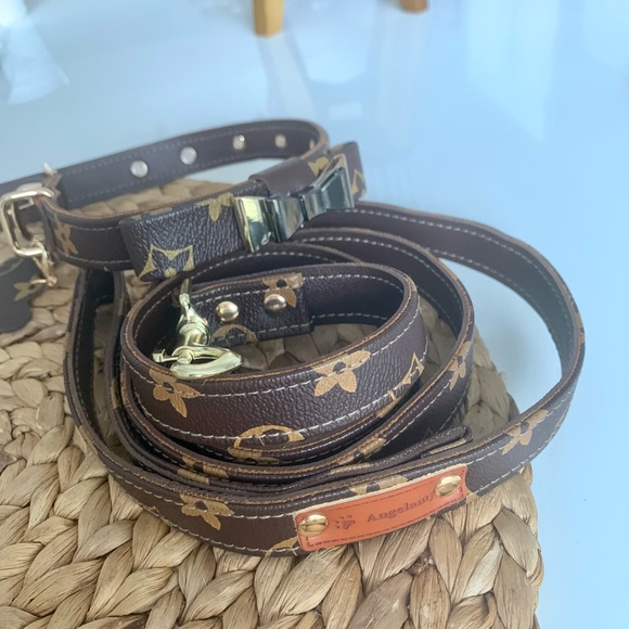 Luxury bow tie pu leather dog collar with leash - Picture 7 of 13